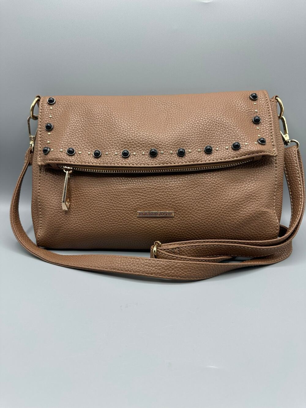 ✨ Rampage Taupe Pebbled Faux Leather Studded Foldover Crossbody ✨